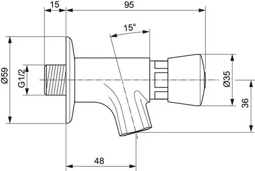Selbstschluss-Wandauslaufventil von Ideal Standard, mit einem Gewinde und einem schwenkbaren Auslass. Zeichnung zeigt Maße und Form des Ventils.